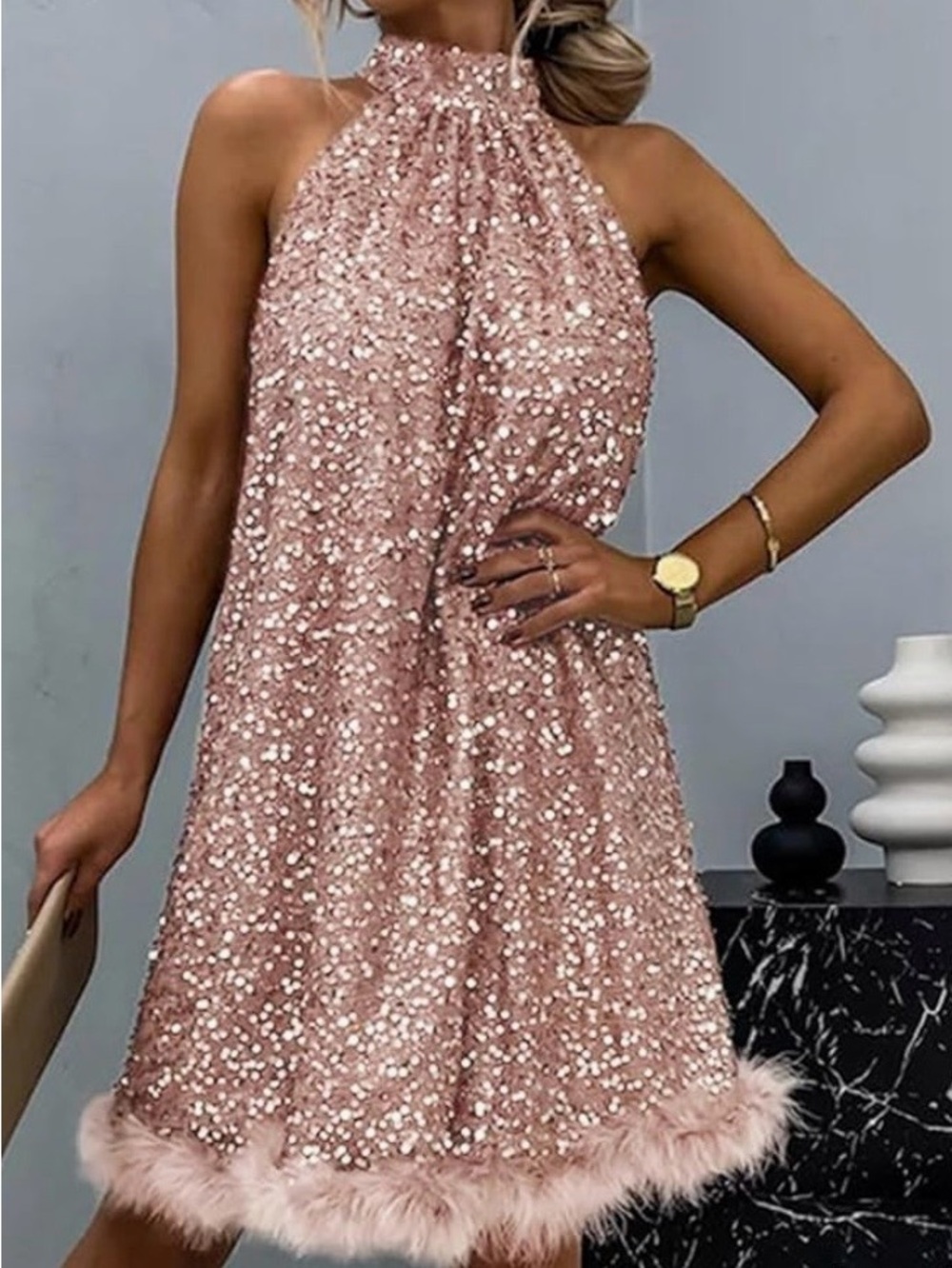 Rose Blush Sequin Halter Mini Dress with Feather Hem